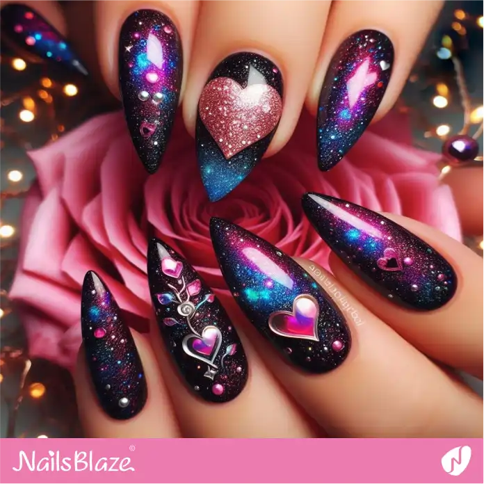 Galaxy Nails with Hearts Design | Valentine Nails - NB2367